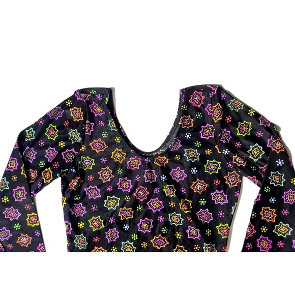 GK Elite AL Scoop Neck Leotard VTG Long Sleeve Adult L Neon Black Geometric NWT - Picture 3 of 9